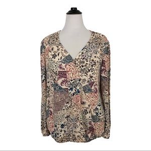 KNOX ROSE Long Sleeve Cross Front Floral Smocked Flowy TOP Blouse Large boho
